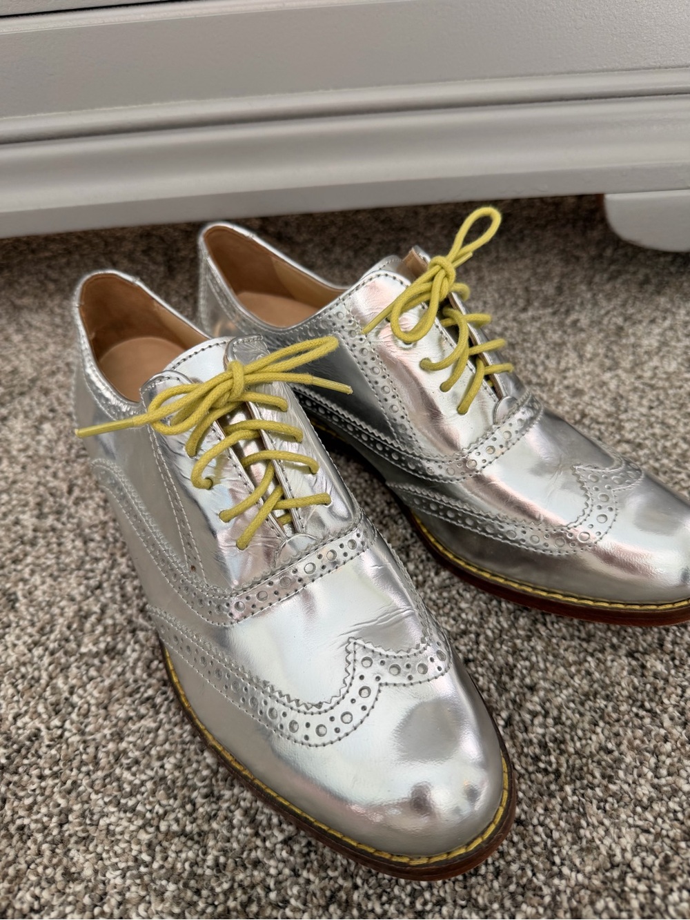 Cole Haan Silver Metallic Wingtip Flats with Yellow Laces - Picture 3 of 5